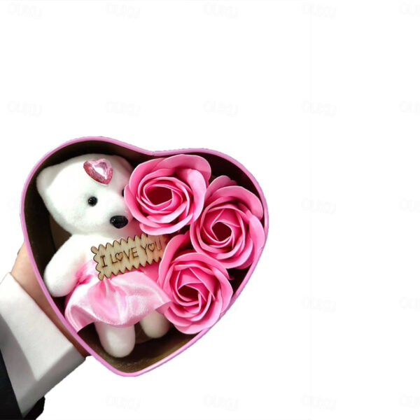 1pc Heart-Shaped Tinplate Box 3 Little Bear Rose Soap Flower Gift Box Qixi Valentine'S Day Gift Imitation Flowers Holiday Gifts For Mothers Friends Bi