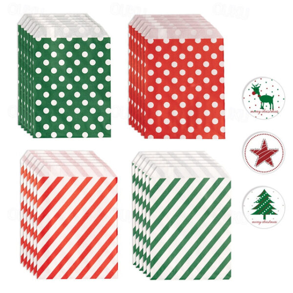 24pcs, Christmas Candy Bags, Red And Green Wavy Twill Kraft Paper Bags, Christmas Party Gift Bags, Including Sticker Sets, Navidad, Christmas Decorati