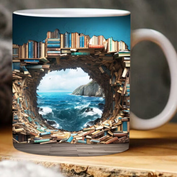 3D Bookshelf Mug, 3D Bookshelves Hole In A Wall Mug, 3D Effect Books Mugs,Creative Space Design Mugs, Coffee Mugs for Library Office,Book Lovers Coffe