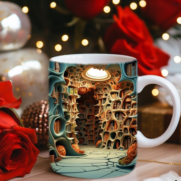 3D Bookshelf Mug, 3D Bookshelves Hole In A Wall Mug, 3D Effect Books Mugs,Creative Space Design Mugs, Coffee Mugs for Library Office,Book Lovers Coffe