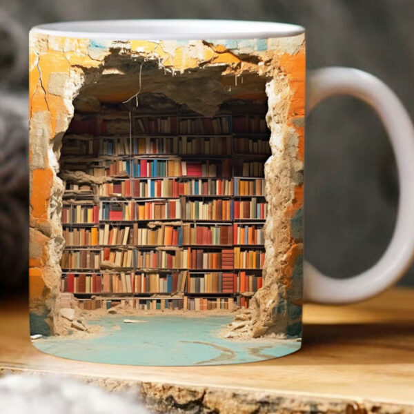 3D Bookshelf Mug, 3D Bookshelves Hole In A Wall Mug, 3D Effect Books Mugs,Creative Space Design Mugs, Coffee Mugs for Library Office,Book Lovers Coffe