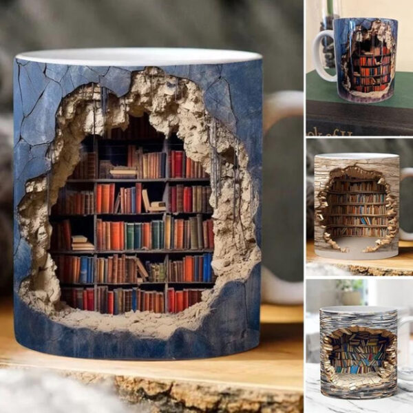 3D Bookshelf Mug, Ceramic Mug,Library Bookshelves Hole In A Wall Mug,Book Lovers Coffee Mug, Cool Bookish Gifts for Readers Christmas Xmas Gift 2025