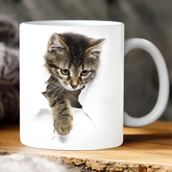 3D Print Kittens Hole In A Wall Mug, Ceramic Coffee Cat Mug 3D Novelty Cat Mugs Cat Lovers Coffee Mug Cat Club Cup White Ceramic Mug Gifts For Men Wo