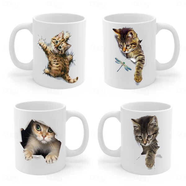 3D Print Kittens Hole In A Wall Mug, Ceramic Coffee Cat Mug 3D Novelty Cat Mugs Cat Lovers Coffee Mug Cat Club Cup White Ceramic Mug Gifts For Men Wo