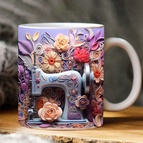 3D Sewing Mug, 3D Floral Sewing Machine, 3D Sewing Machine Mug, Ceramic Coffee Mug, 3D Coffee Mug Wrap, Sewing Gift for Women, Christmas Gift Xmas Gif