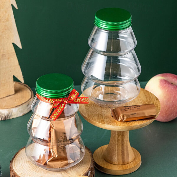 6Pcs 500ml Cookie Candy Jars with Decor Strap Unbroken Christmas Tree Shape Cover Design Good Sealing Store Snacks Transparent Christmas Tree Decorati