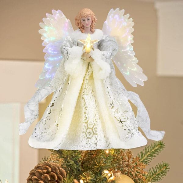 Christmas Tree Angel Topper LED Angel Christmas Tree Peak White Fairies Angel Christmas Tree Decoration with Light, Fairy Tree Crown Pendant for Festi