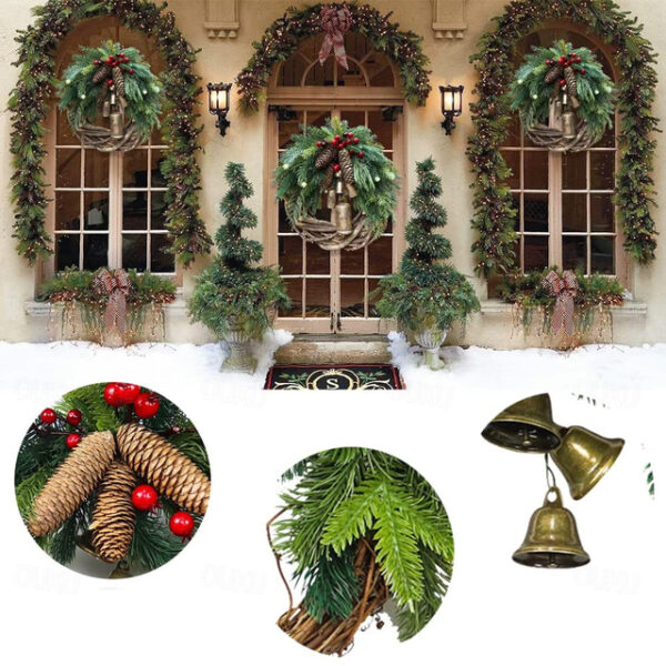 Christmas Wreath Boho Wreath, 17.7'' Artificial Golden Bell Wreath, Xmas Tree Front Door Hanging Garland, Handmade Pine Ring Grapevine Wreath, Celebra