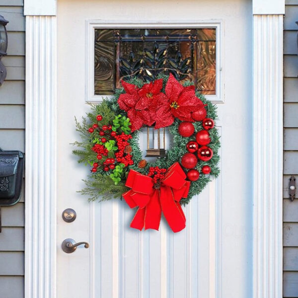 Christmas Wreaths with Light for Front Door, Xmas Wreaths with Bow Ribbon, Winter Garlands Wreath for Outdoor Indoor Window Mantle Christmas Decoratio