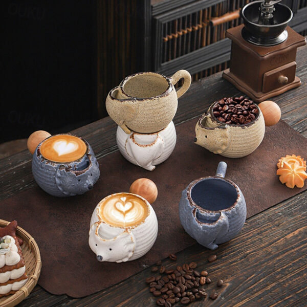 Creative Ceramic Mugs with High Aesthetic Animal-Themed Wooden Handle, Coarse Pottery Coffee Cups for Retro Home Tea Cups, Elephant Coffee Mug, Hedgeh