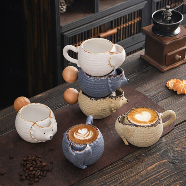 Creative Ceramic Mugs with High Aesthetic Animal-Themed Wooden Handle, Coarse Pottery Coffee Cups for Retro Home Tea Cups, Elephant Coffee Mug, Hedgeh