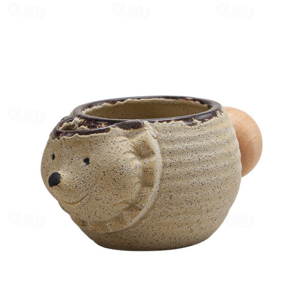 Creative Ceramic Mugs with High Aesthetic Animal-Themed Wooden Handle, Coarse Pottery Coffee Cups for Retro Home Tea Cups, Elephant Coffee Mug, Hedgeh