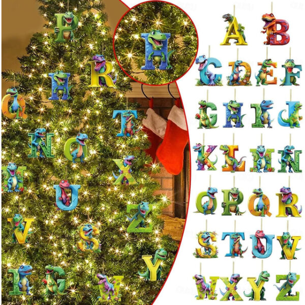 Dinosaur Christmas Ornament 26 Letters Hanging Pendant Ornaments 2024 Plastic Initial Monogram Xmas Tree Decorations with Hanging Rope Unique Customiz