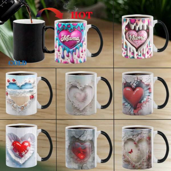 Heat Changing Mug, Heart Heat Changing 3D Illusion Ceramic Gift Coffee Mug, 11 oz Heat Sensitive Color Changing Coffee Mug Cup, Cute Xmas Gift Mug for