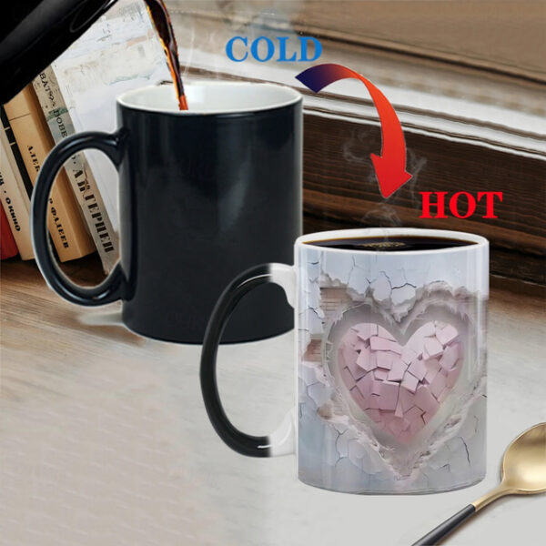 Heat Changing Mug, Heart Heat Changing 3D Illusion Ceramic Gift Coffee Mug, 11 oz Heat Sensitive Color Changing Coffee Mug Cup, Cute Xmas Gift Mug for