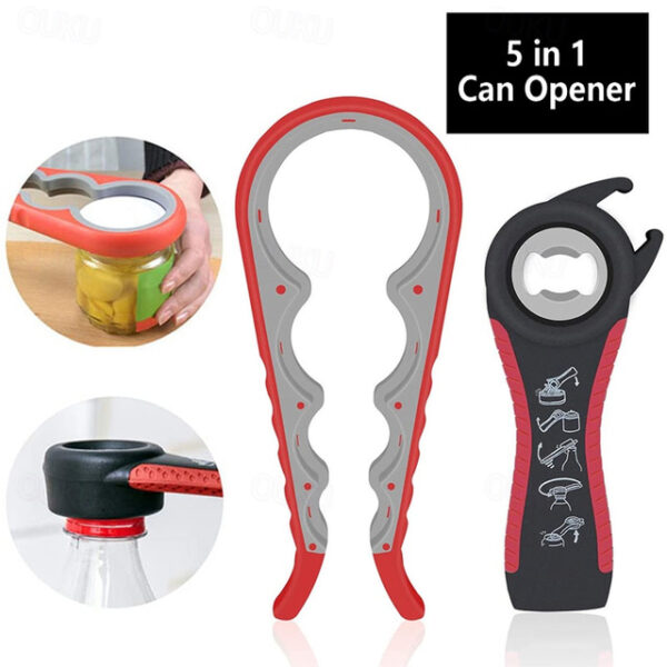 Jar Opener 5 in 1 Multi Function Can Opener Bottle Opener Kit with Silicone Handle Easy to Use for Children Elderly and Arthritis Sufferers 2025 - US