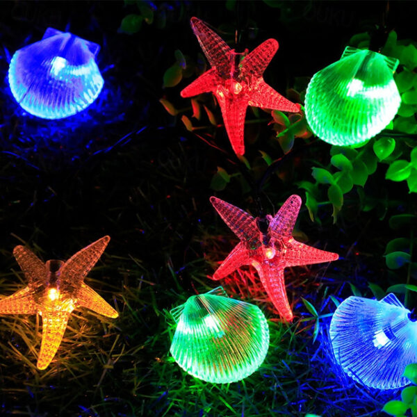 Solar Starfish Shell String Lights Ocean Theme 12m-100LED 7m-50LED 6.5m-30LED Outdoor Waterproof Garland Lights Christmas Party Wedding Holiday Garden