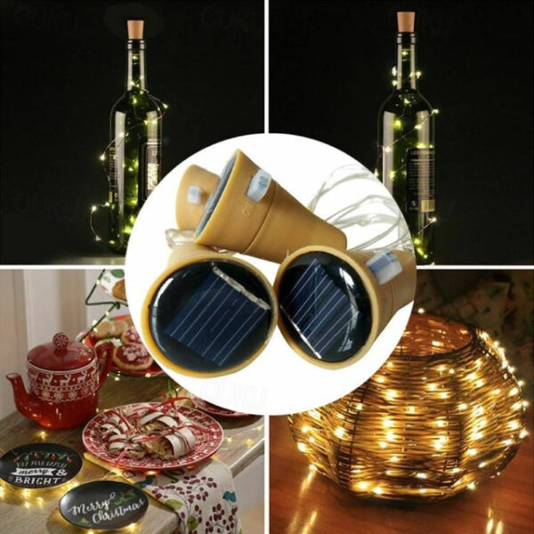 Solar Wine Bottle String Lights Outdoor Wedding Decoration 2m 20LED Fairy Lights with Cork Waterproof Christmas Light Copper Garland Patio Garden Stri