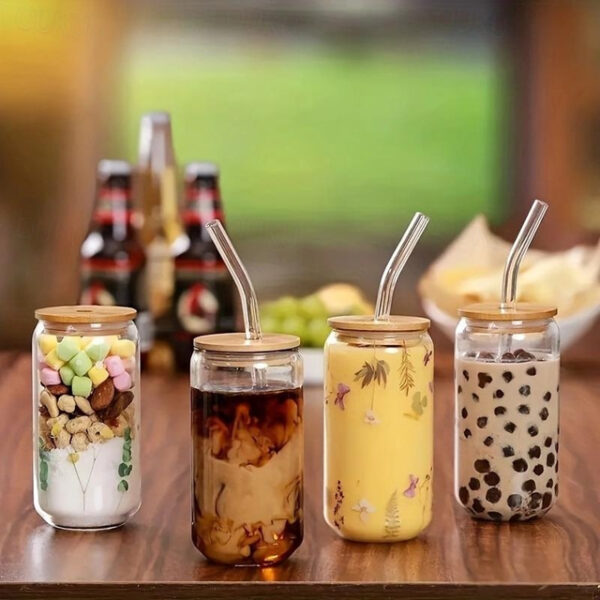 Transparent Can Glass Cups With Bamboo Lids Large Thick Drinking Glasses Set Can Shaped Beer Glasses Dishwasher Safe For Cold Drink Juice Coffee Cockt