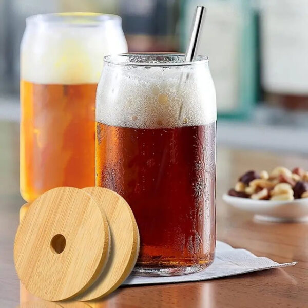 Transparent Can Glass Cups With Bamboo Lids Large Thick Drinking Glasses Set Can Shaped Beer Glasses Dishwasher Safe For Cold Drink Juice Coffee Cockt