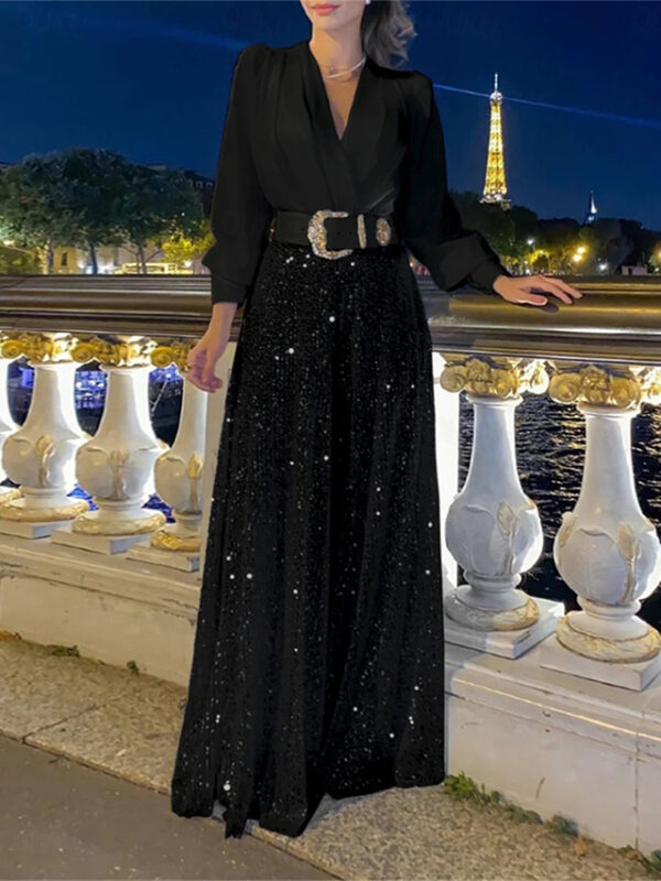 Women‘s Jumpsuit Sparkly Sequin Solid Color V Neck Elegant Wedding Party Regular Fit Long Sleeve Black White S M L Fall 2025 - US $53.99