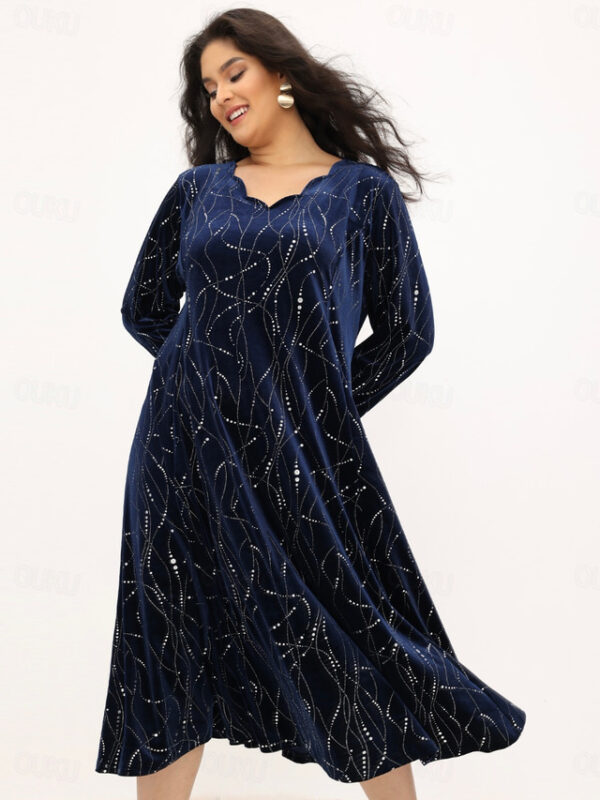 Women‘s Plus Size Curve Elegant Velvet Dress Party Dress A Line Dress Gradient Long Dress Maxi Dress Long Sleeve Print V Neck Party Dress Wedding Gues