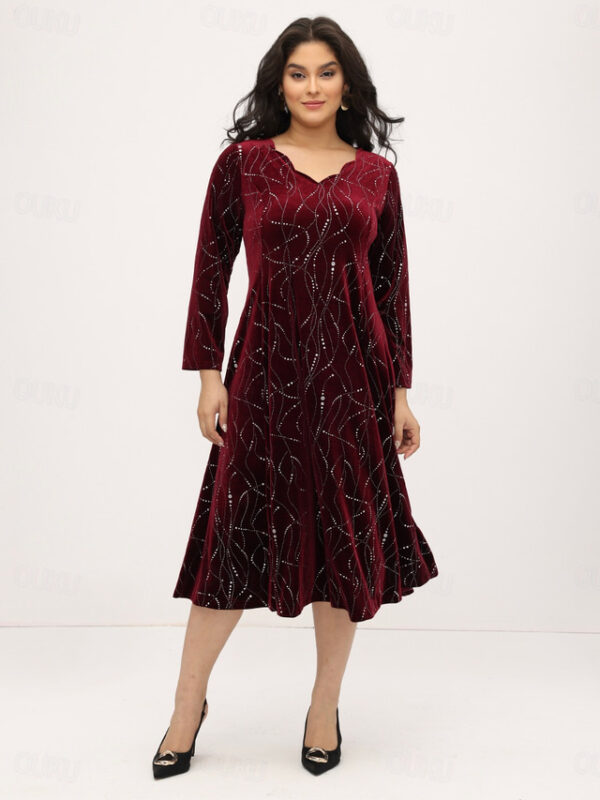 Women‘s Plus Size Curve Elegant Velvet Dress Party Dress A Line Dress Gradient Long Dress Maxi Dress Long Sleeve Print V Neck Party Dress Wedding Gues