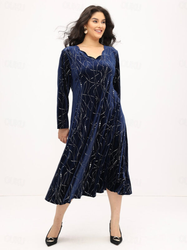 Women‘s Plus Size Curve Elegant Velvet Dress Party Dress A Line Dress Gradient Long Dress Maxi Dress Long Sleeve Print V Neck Party Dress Wedding Gues