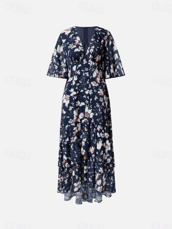 Women's A Line Dress Elegant Stylish Formal Floral Maxi Dress Short Sleeve Flutter Sleeve V Neck Ruffle Hem Regular Fit Date Blue Summer Spring 2025 -