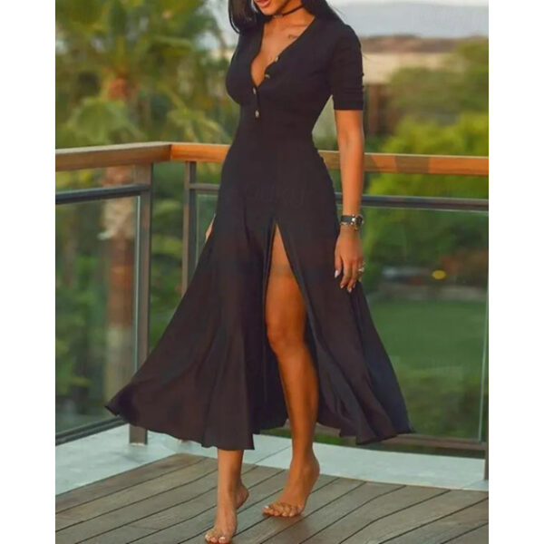 Women's Black Dress Maxi Dress Cotton Draped Split Thigh High Slit Button Vacation Casual V Neck Short Sleeve Summer 2025 - US $37.99