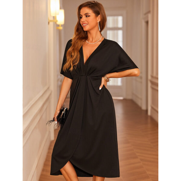 Women's Black Dress Midi Dress Cotton Ruched Vacation Streetwear Casual V Neck Short Sleeve Black Color 2025 - US $36.99