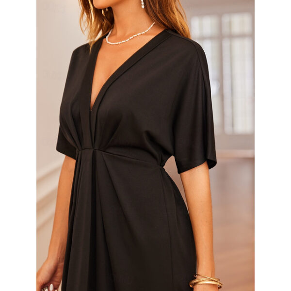 Women's Black Dress Midi Dress Cotton Ruched Vacation Streetwear Casual V Neck Short Sleeve Black Color 2025 - US $36.99