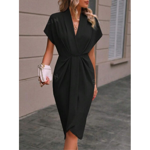 Women's Black Dress Midi Dress Cotton Ruched Vacation Streetwear Casual V Neck Short Sleeve Black Color 2025 - US $36.99