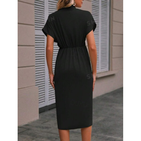 Women's Black Dress Midi Dress Cotton Ruched Vacation Streetwear Casual V Neck Short Sleeve Black Color 2025 - US $36.99