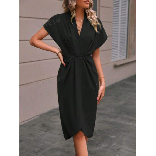 Women's Black Dress Midi Dress Cotton Ruched Vacation Streetwear Casual V Neck Short Sleeve Black Color 2025 - US $36.99