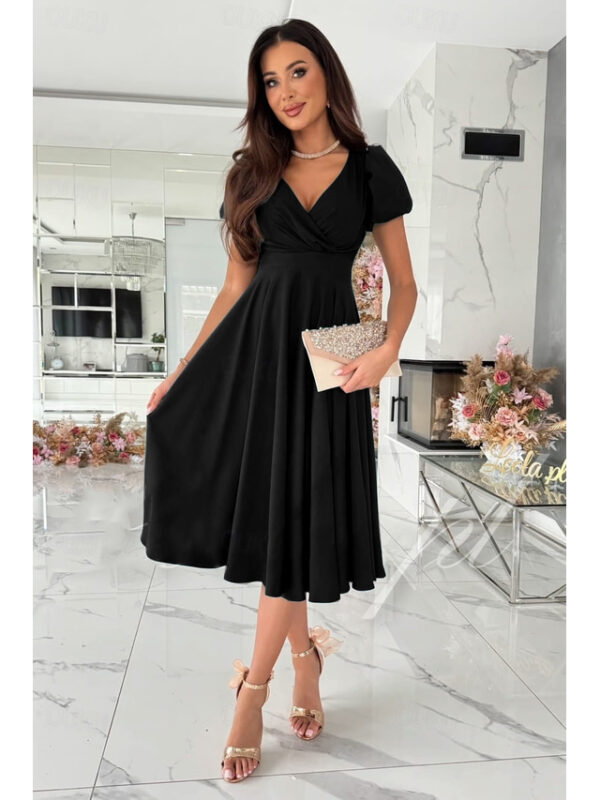 Women's Black Dress Midi Dress Ruffle Hem Party Elegant V Neck Short Sleeve Puff Sleeve Black Pink Red Color 2025 - US $28.99