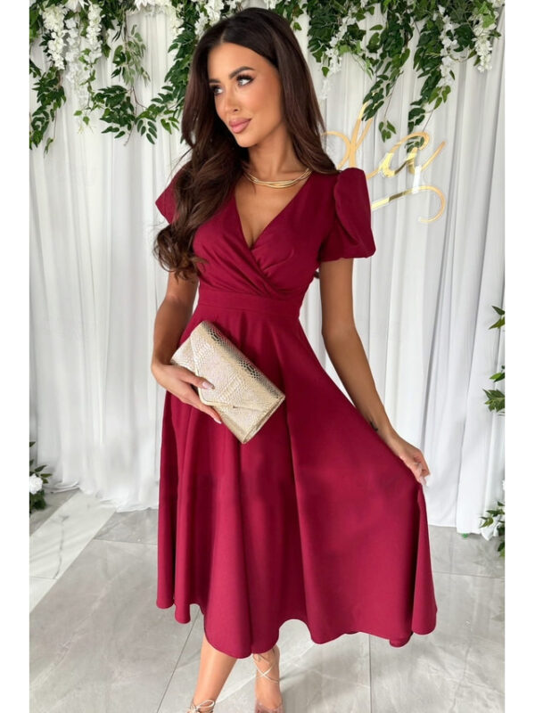 Women's Black Dress Midi Dress Ruffle Hem Party Elegant V Neck Short Sleeve Puff Sleeve Black Pink Red Color 2025 - US $28.99