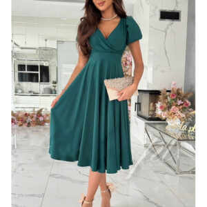 Women's Black Dress Midi Dress Ruffle Hem Party Elegant V Neck Short Sleeve Puff Sleeve Black Pink Red Color 2025 - US $28.99