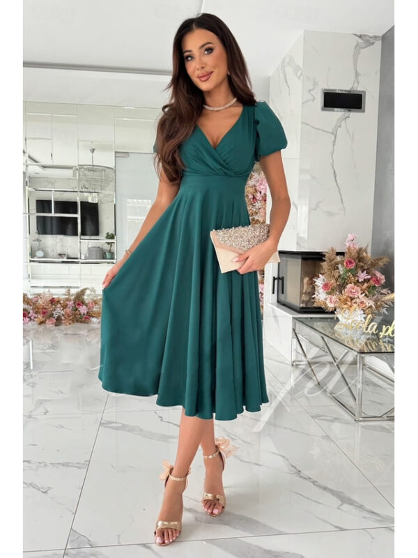 Women's Black Dress Midi Dress Ruffle Hem Party Elegant V Neck Short Sleeve Puff Sleeve Black Pink Red Color 2025 - US $28.99