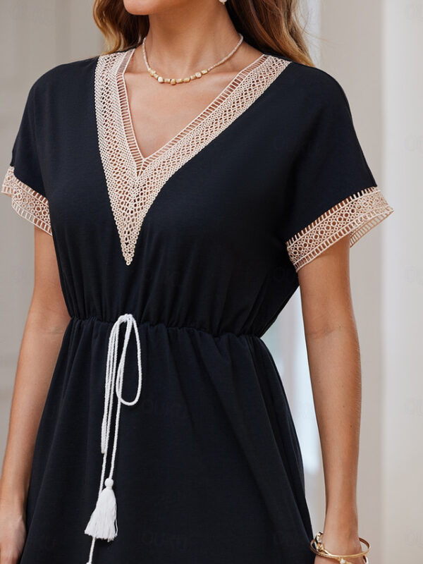 Women's Black Dress Mini Dress Tassel Fringe Lace Streetwear Casual V Neck Short Sleeve Black Color 2025 - US $34.99