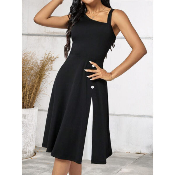 Women's Cocktail Dress One-Shoulder Asymmetrical Neckline Button Detail Sleeveless A-Line Midi Black White Party Elegant Stylish Spring Summer Clothin