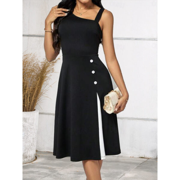 Women's Cocktail Dress One-Shoulder Asymmetrical Neckline Button Detail Sleeveless A-Line Midi Black White Party Elegant Stylish Spring Summer Clothin