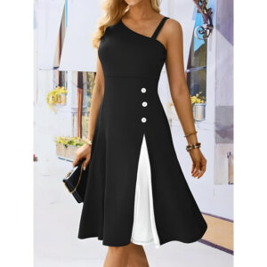 Women's Cocktail Dress One-Shoulder Asymmetrical Neckline Button Detail Sleeveless A-Line Midi Black White Party Elegant Stylish Spring Summer Clothin