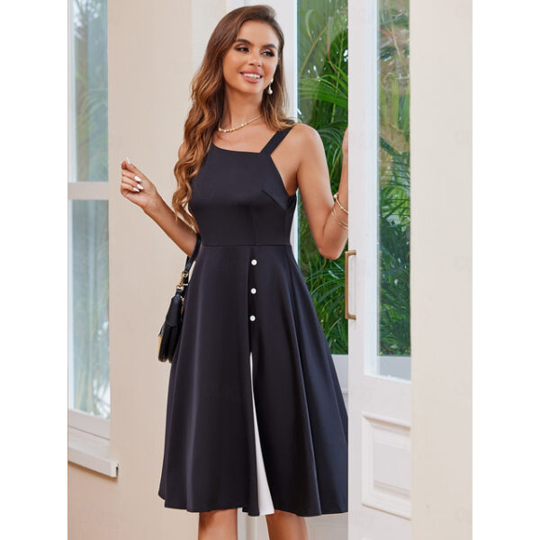 Women's Cocktail Dress One-Shoulder Asymmetrical Neckline Button Detail Sleeveless A-Line Midi Black White Party Elegant Stylish Spring Summer Clothin