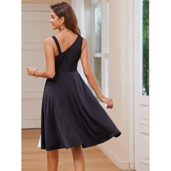 Women's Cocktail Dress One-Shoulder Asymmetrical Neckline Button Detail Sleeveless A-Line Midi Black White Party Elegant Stylish Spring Summer Clothin