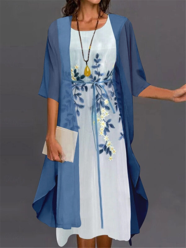 Women's Dress Set Chiffon Dress Elegant Formal Floral Print Long Dress Maxi Dress Half Sleeve Crew Neck Party Wedding Guest Royal Blue Blue Purple Sum