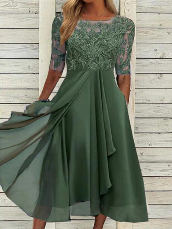 Women's Lace Dress Midi Dress Chiffon Patchwork Pocket Wedding Party Elegant Formal Crew Neck Half Sleeve Blue Purple Green Color 2025 - US $41.99