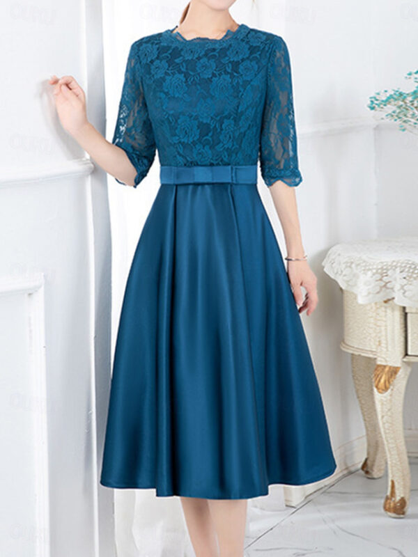 Women's Lace Dress Party Dress Cocktail Dress Lace Patchwork Crew Neck Half Sleeve Midi Dress Wedding Guest Birthday Blue Brown Spring Fall 2025 - US