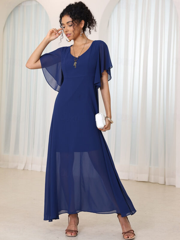 Women's Maxi Dress Elegant Flutter Sleeve Solid Blue Scoop Neck Cinched Waist Flowy Sheer Overlay Formal Event Party Summer All Sizes 2025 - US $44.99