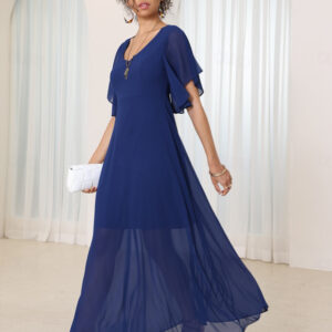 Women's Maxi Dress Elegant Flutter Sleeve Solid Blue Scoop Neck Cinched Waist Flowy Sheer Overlay Formal Event Party Summer All Sizes 2025 - US $44.99